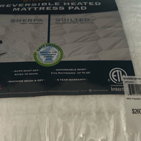 NWT Biddeford Reversible Heated Mattress Pad, Sherpa and Quilted QUEEN - Picture 5 of 5